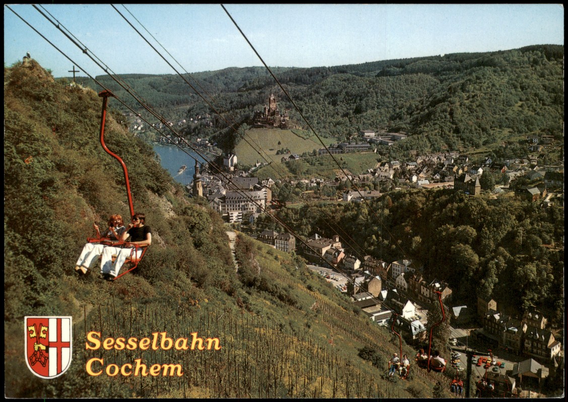 zoom: Image side vintage Postcard from 1975: Sesselbahn zum Pinnerkreuz und Burg Cochem:: Kochem