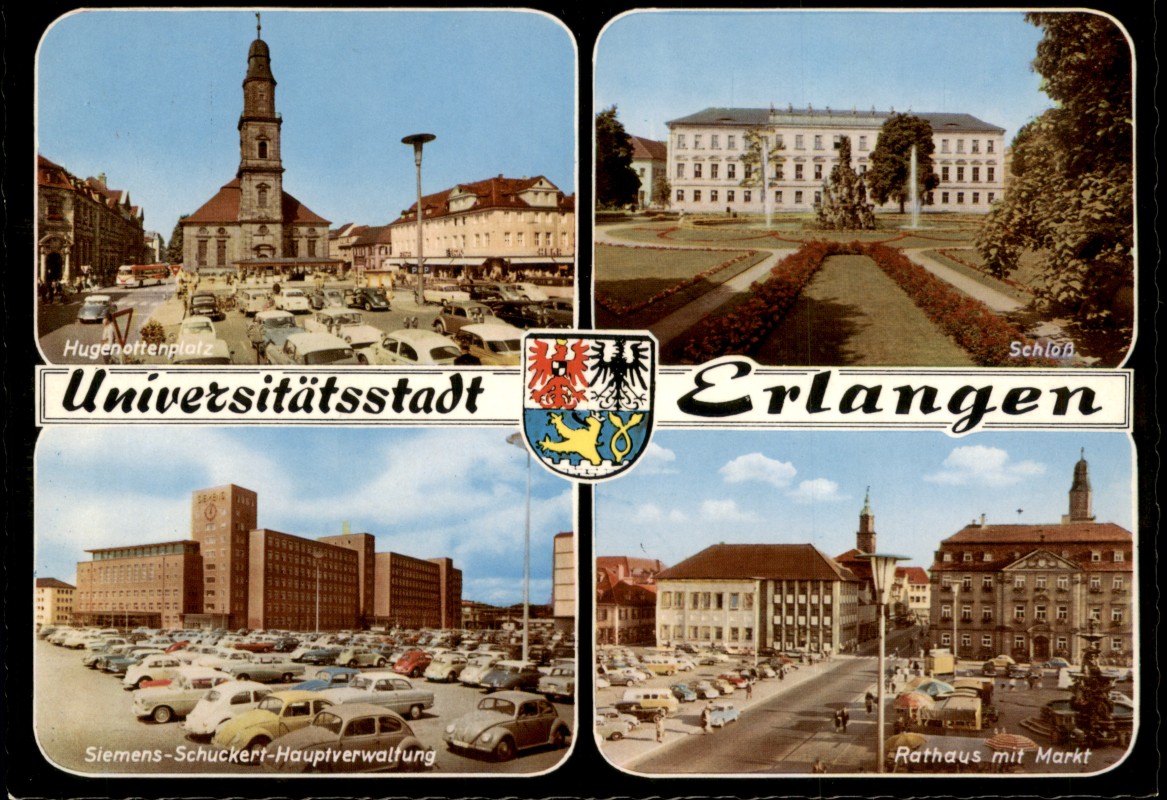 zoom: Image side vintage Postcard from 1963: Mehrbildkarte u.a. VW Käfer Autos, Hugenottenplatz, Siemens-Schuckert-Hauptverwaltung:: Erlangen