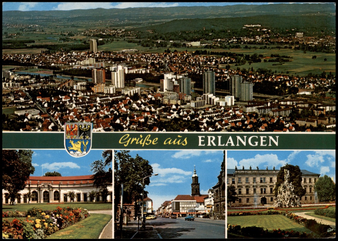vergrößern: Bildseite historische Ansichtskarte von 1975: Mehrbildkarte Ortsansichten und Luftaufnahme:: Erlangen