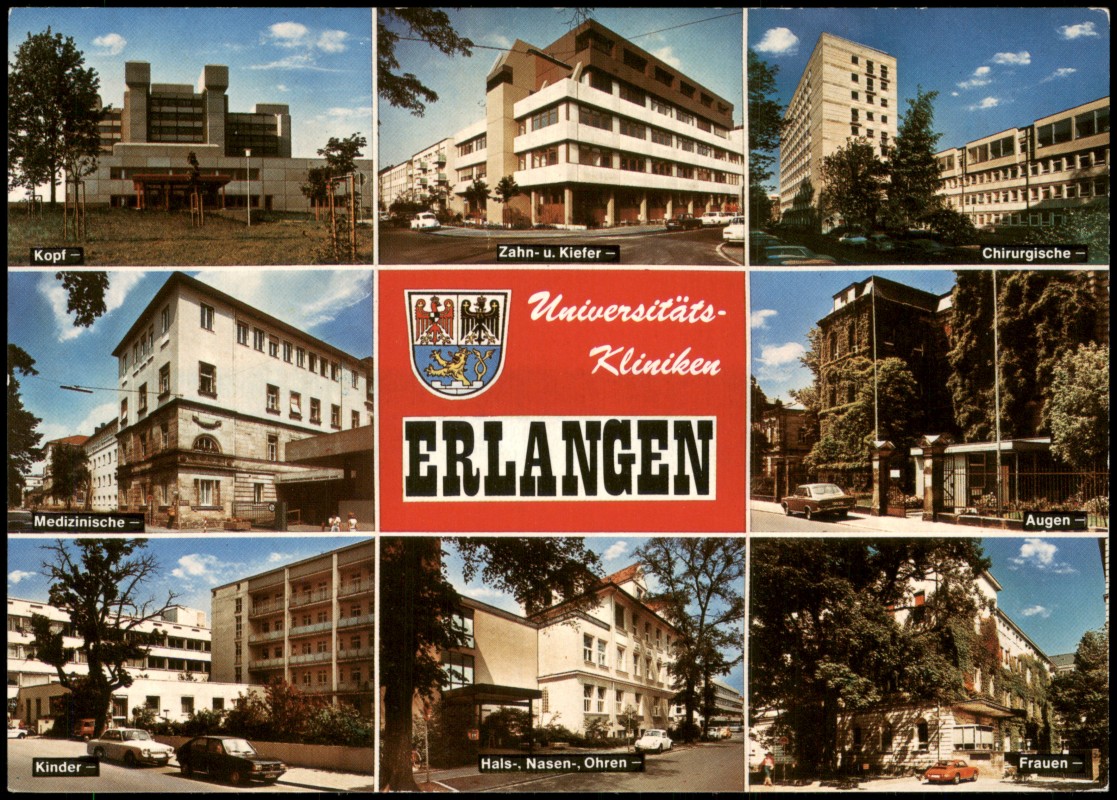 zoom: Image side vintage Postcard from 1986: MB u.a. Medizinische Zahn- u. Kiefer Universitäts-Kliniken (Krankenhaus):: Erlangen