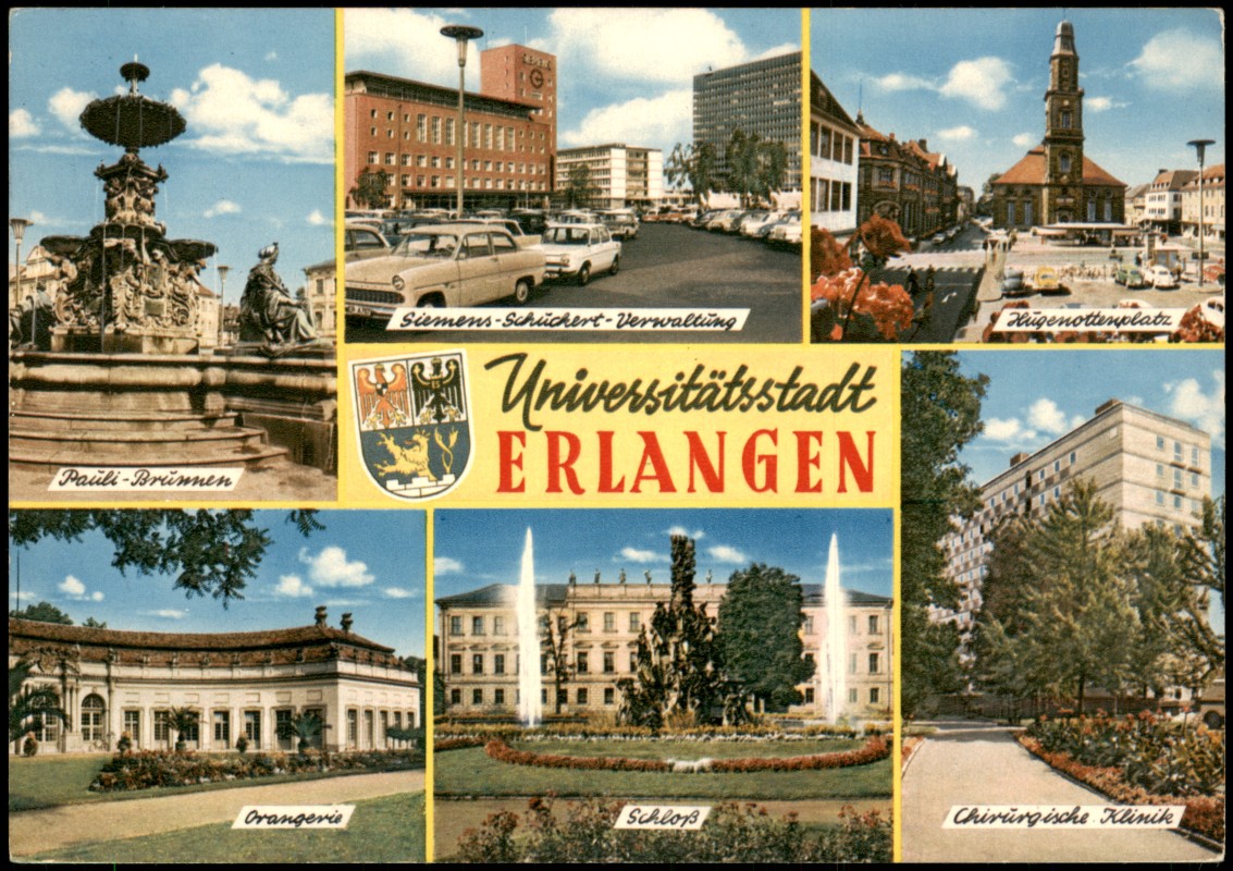 zoom: Image side vintage Postcard from 1967: Mehrbild-AK u.a. Chirurgische Klinik Hugenottenplatz Siemens Verwaltung:: Erlangen