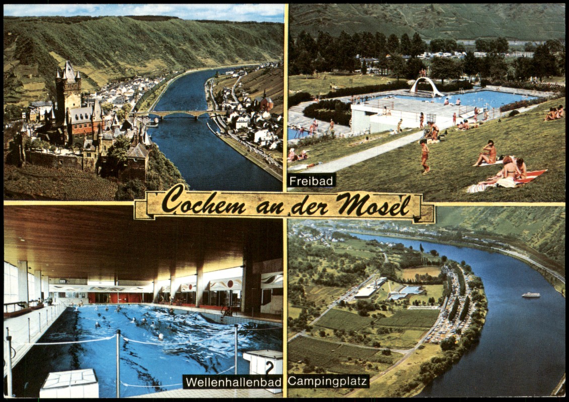 zoom: Image side vintage Postcard from 1976: Mehrbildkarte Ortsansichten und Wellenhallenbad Campingplatz:: Kochem