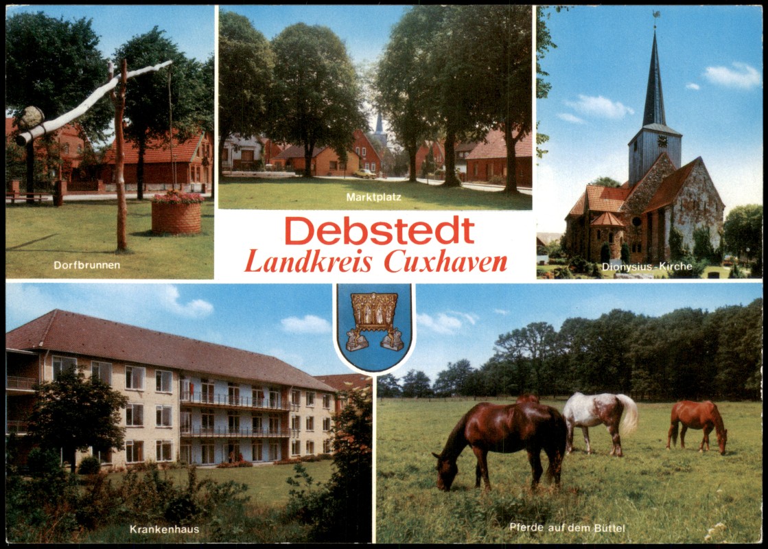 zoom: Image side vintage Postcard from 1980: Mehrbild-AK mit Dorfbrunnen Krankenhaus Dionysius-Kirche Marktplatz:: Debstedt