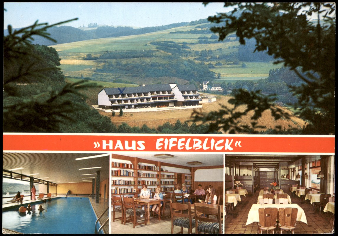 zoom: Image side vintage Postcard from 1976: Panorama mit Haus Eifelblick Erholungsheim der Prov. Versicherung:: Daun Eifel