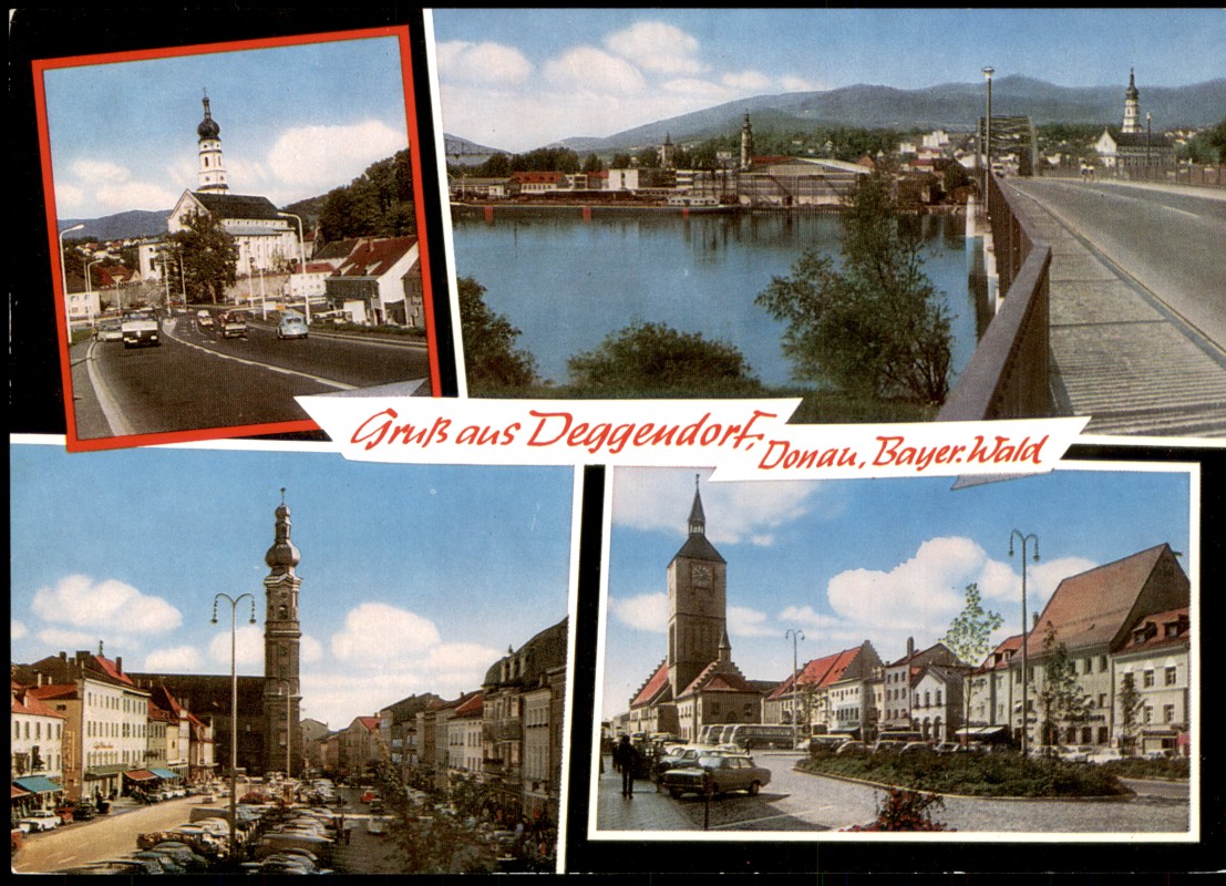 vergrößern: Bildseite historische Ansichtskarte von 1970: Mehrbildkarte mit 4 Ortsansichten:: Deggendorf