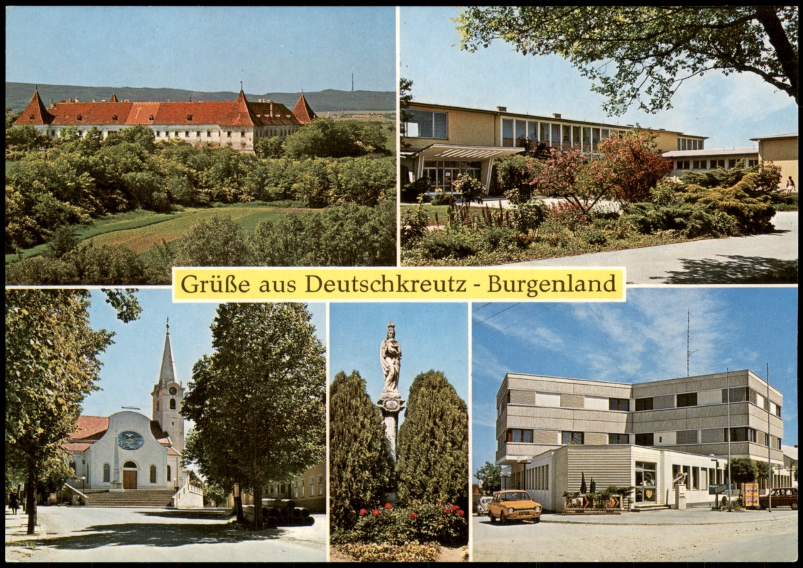 vergrößern: Bildseite historische Ansichtskarte von 1970: Mehrbild-AK Schloß Europaschule Kirche Mariensäule Rathaus:: Deutschkreutz