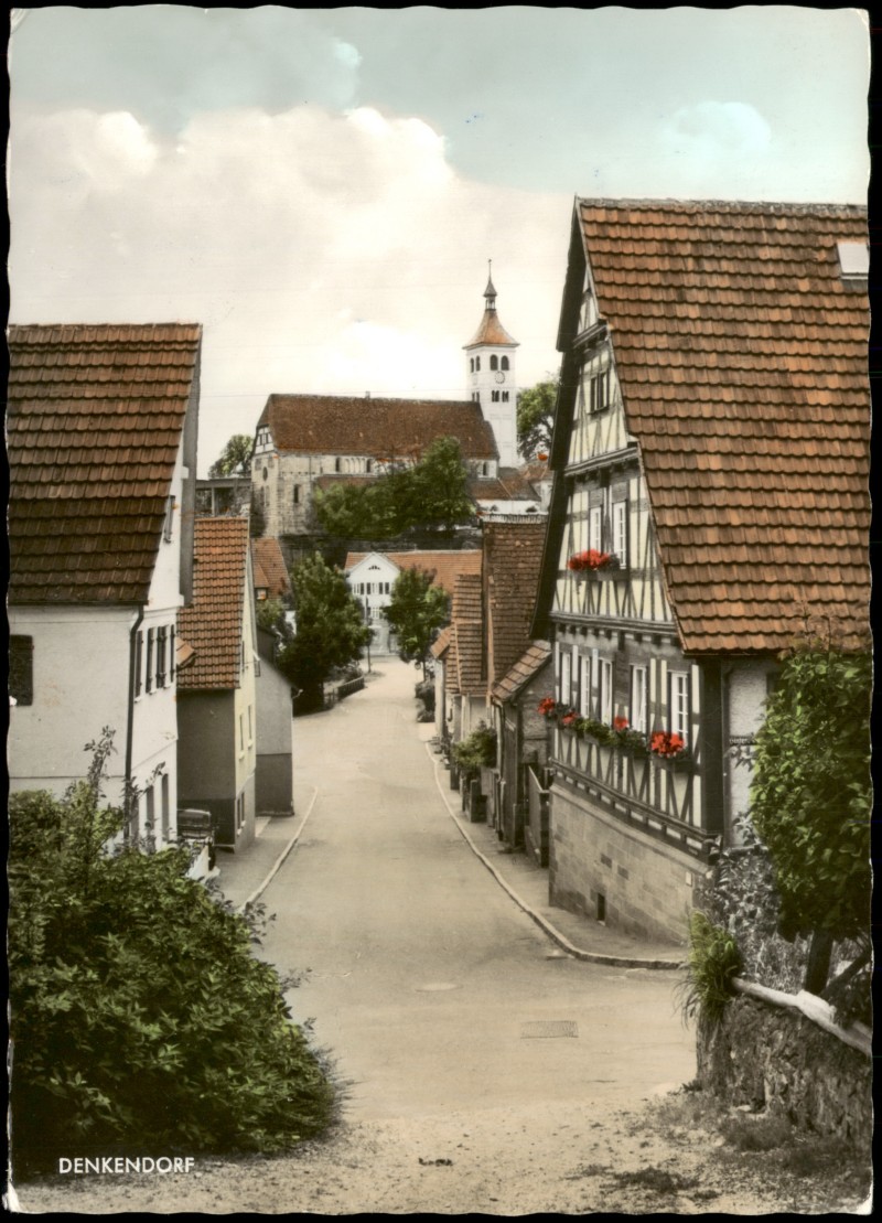 zoom: Image side vintage Postcard from 1970: Ortsansicht, Straßenpartie, Klosterkirche:: Denkendorf