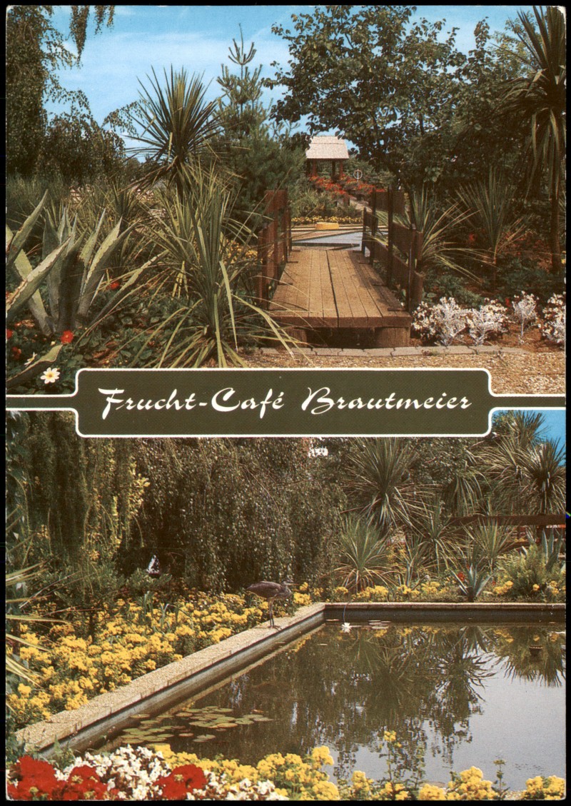 zoom: Image side vintage Postcard from 1970: Frucht-Café Brautmeier mit Vogelpark u. Minigolf-Anlage (2-Bild-AK):: Delbrück
