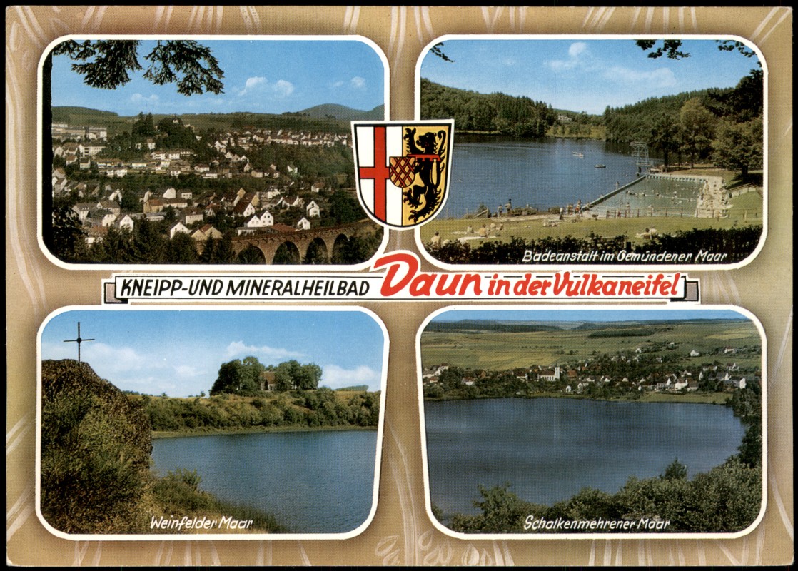 zoom: Image side vintage Postcard from 1971: Mehrbildkarte u.a. Badeanstalt im Gemündener Maar Weinfelder Maar Schalkenmehrener Maar:: Daun Eifel