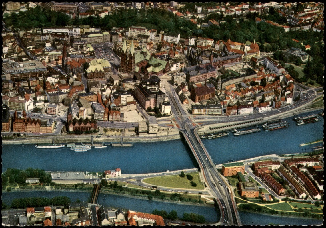 vergrößern: Bildseite historische Ansichtskarte von 1965: Luftbild Luftaufnahme City mit Dom und Weser:: Bremen