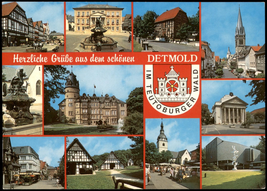 zoom: Image side vintage Postcard from 1980: Mehrbildkarte mit diversen Stadtteilansichten:: Detmold