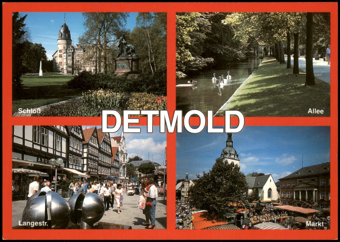 zoom: Image side vintage Postcard from 2000: Mehrbildkarte Schloss, Langestr., Allee, Markt:: Detmold