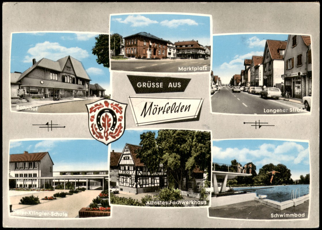 vergrößern: Bildseite historische Ansichtskarte von 1978: MB u.a. Bahnhof, Klinger-Schule, Schwimmbad, Langener Str.:: Mörfelden-Mörfelden-Walldorf
