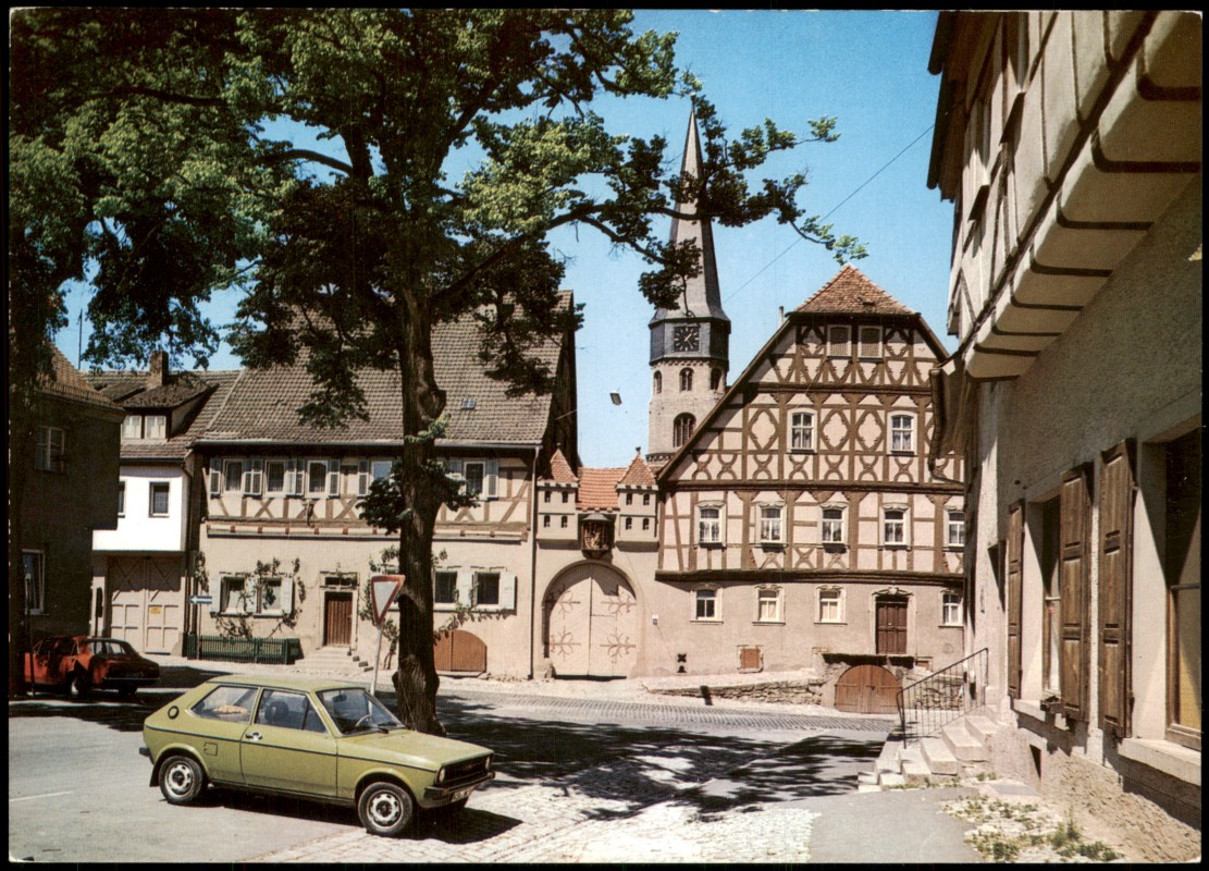 zoom: Image side vintage Postcard from 1970: (Blick vom Anger, Auto Volkswagen VW Golf od. Polo:: Münnerstadt