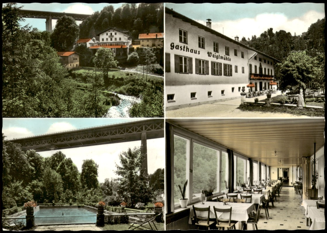 zoom: Image side vintage Postcard from 1965: Gaststätte WEIGLMUHLE MÜHLTAL im Mangfalltal:: Mühltal