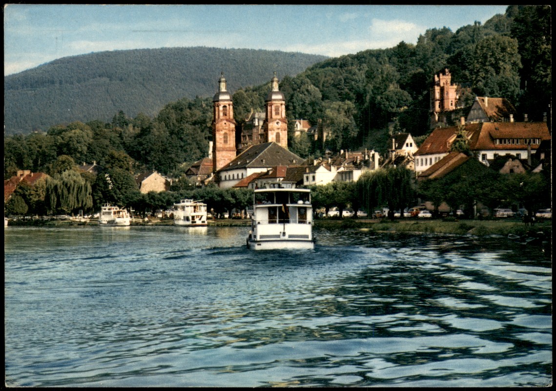 vergrößern: Bildseite historische Ansichtskarte von 1975: Panorama-Ansicht Main Fahrgastschiffe:: Miltenberg (Main)