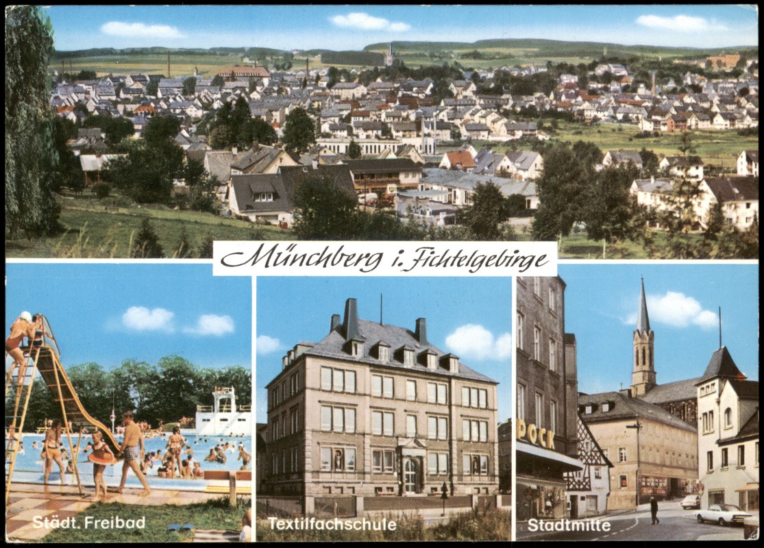 vergrößern: Bildseite historische Ansichtskarte von 1985: Stadtteilkarte, Städt. Freibad, Textilfachschule, Stadtmitte:: Münchberg