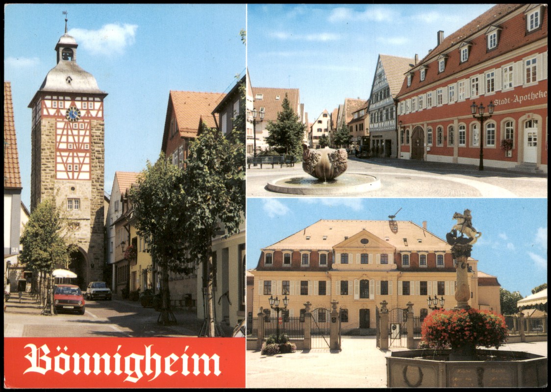 zoom: Image side vintage Postcard from 1995: Stadtteilansichten, Stadt-Apotheke, Brunnen, Schloß:: Bönnigheim