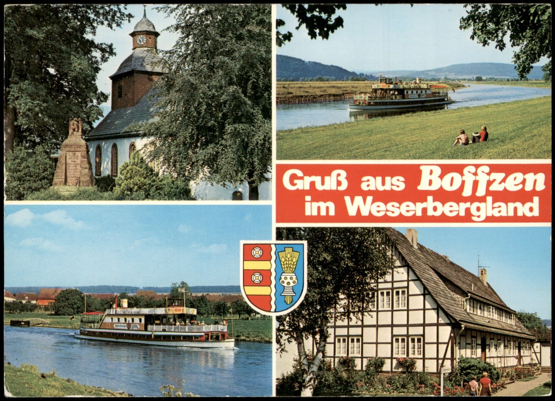 zoom: Image side vintage Postcard from 2000: Ortsansichten, Evang. Kirche, Weserpromenade, Märchendampfer, Fachwerkidylle:: Boffzen