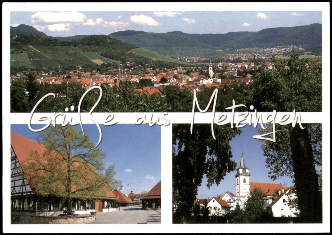 zoom: Image side vintage Postcard from 2000: Ortsansichten Metzingen mit Sieben-Keltern-Platz und Ev. Martinskirche:: Metzingen