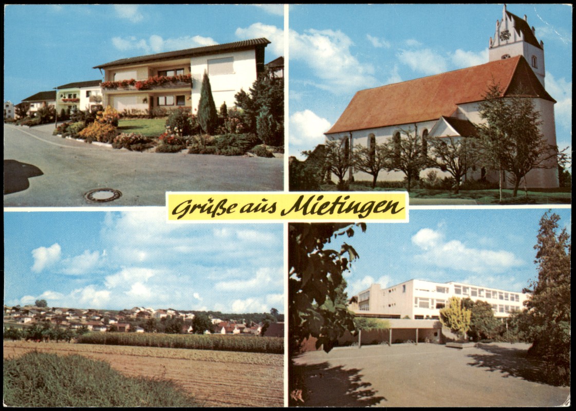zoom: Image side vintage Postcard from 1971: Mehrfamilienhäuser, Kirche:: Mietingen