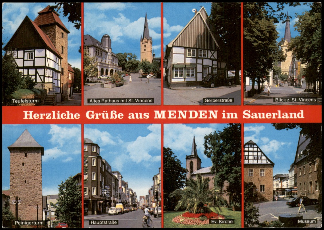 zoom: Image side vintage Postcard from 1995: Stadtteilansichten, Teufelsturm, Altes Rathaus mit St. Vincens, Ev. Kirche:: Menden (Sauerland)