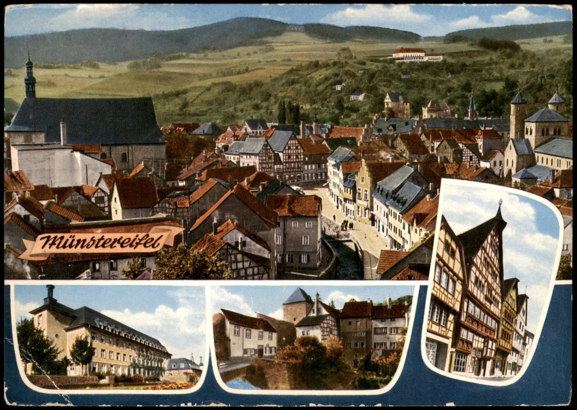 zoom: Image side vintage Postcard from 1965: MB Ortsansicht Partie am Heisterbacher Tor u. Windeckhaus:: Münstermaifeld