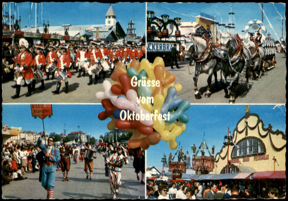 vergrößern: Bildseite historische Ansichtskarte von 1970: MB Grüsse Oktoberfest Kapelle, Festhalle Festzelt:: München