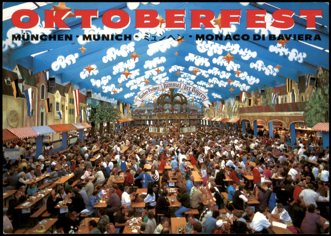 vergrößern: Bildseite historische Ansichtskarte von 2000: OKTOBERFEST MONACO DI BAVIERA Bierzelt Festzelt Innenansicht:: München
