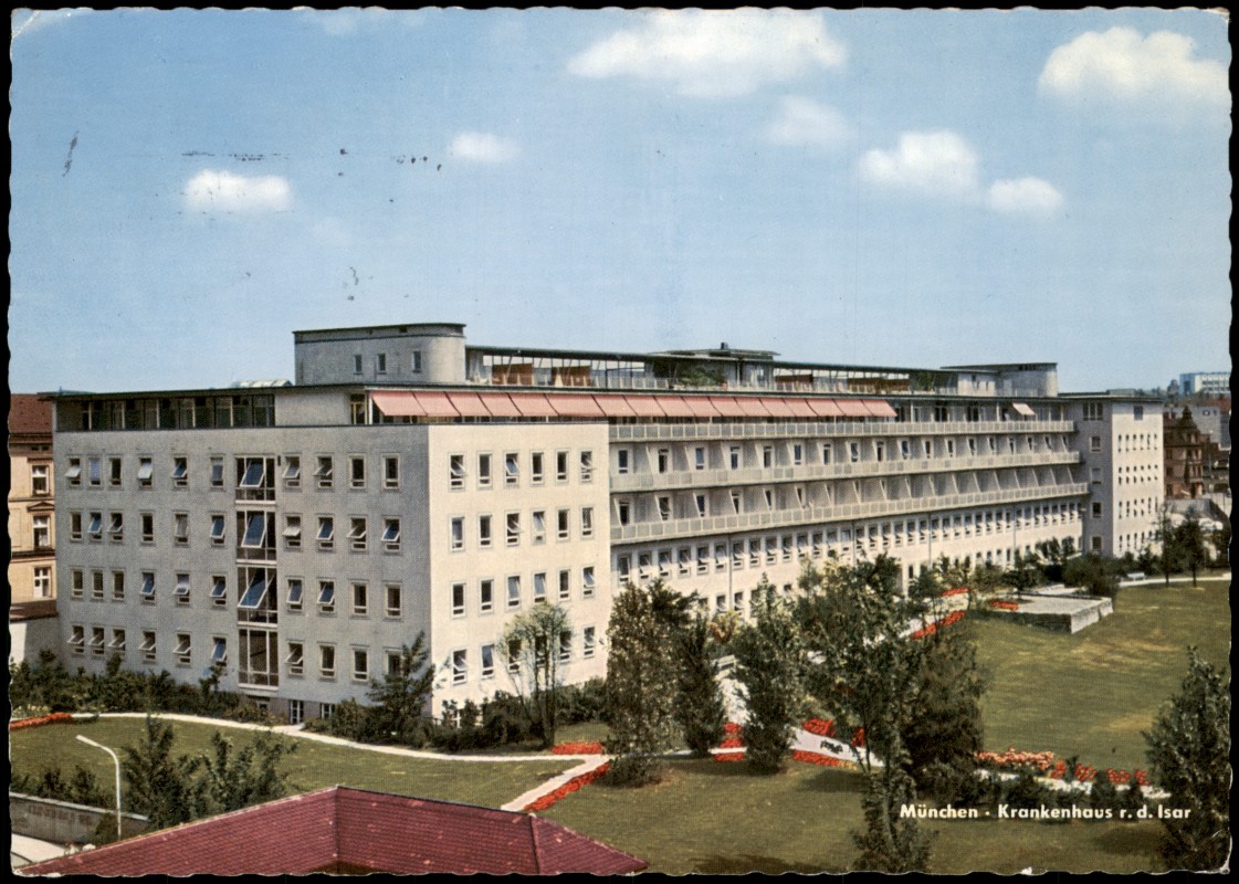 vergrößern: Bildseite historische Ansichtskarte von 1963: Krankenhaus rechts der Isar:: München