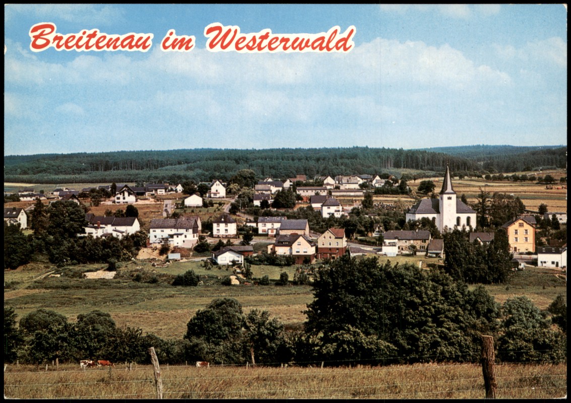 vergrößern: Bildseite historische Ansichtskarte von 1975: Panorama Gesamtansicht:: Breitenau (Westerwald)