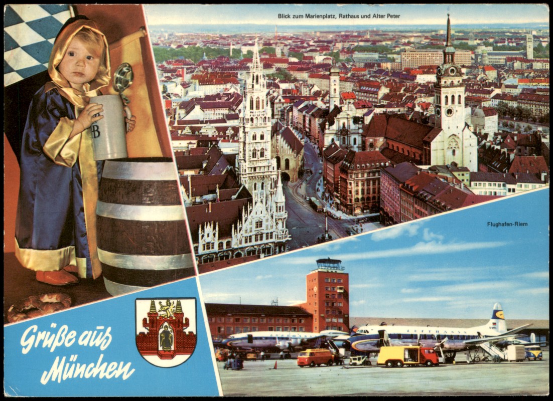 zoom: Image side vintage Postcard from 1972: Olympia Mehrbild-AK mit Flughafen Riem u. Münchener Kindl:: Munich