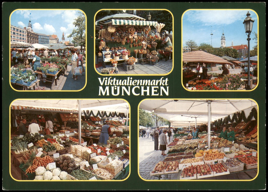 vergrößern: Bildseite historische Ansichtskarte von 1980: Viktualienmarkt Verkaufsstände Marktstände (Mehrbild-AK):: München