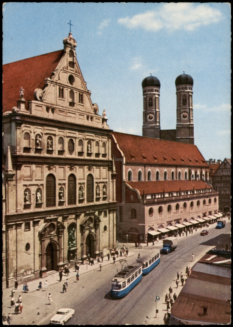 zoom: Image side vintage Postcard from 1960: Tram Straßenbahn Neuhauserstraße, Michaelskirche und Dom:: Munich