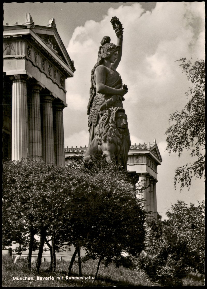 vergrößern: Bildseite historische Ansichtskarte von 1955: Bavaria mit Ruhmeshalle:: Ludwigsvorstadt-München