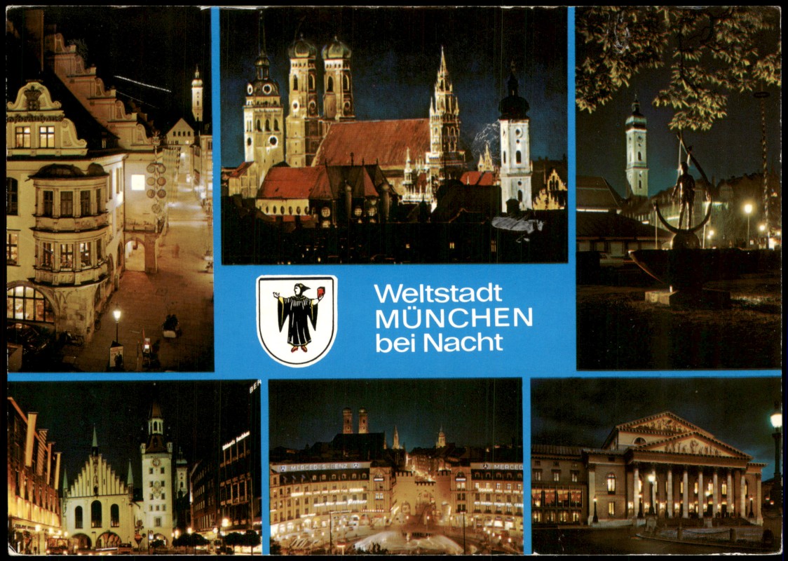 vergrößern: Bildseite historische Ansichtskarte von 1992: Mehrbildkarte mit Stadt-Ansichten bei Nacht:: München