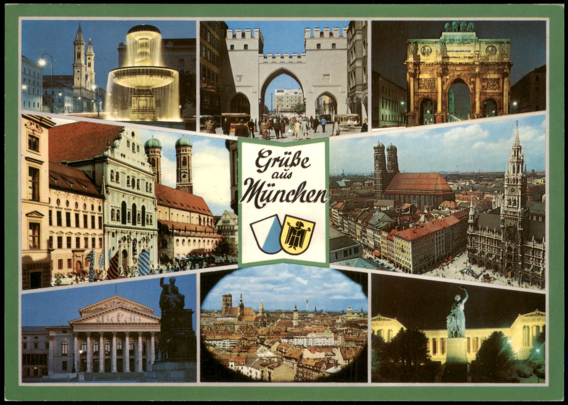 vergrößern: Bildseite historische Ansichtskarte von 1965: Mehrbild-AK Sehenswürdigkeiten u. Stadt-Ansichten:: München