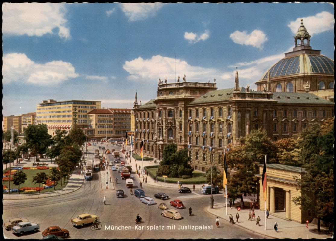 zoom: Image side vintage Postcard from 1960: Karlsplatz mit Justizpalast, Verkehr Autos u.a. VW Käfer:: Munich