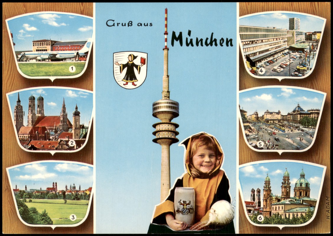 zoom: Image side vintage Postcard from 1972: Mehrbildkarte, Flughafen, Frauenkirche, Englischer Garten:: Munich