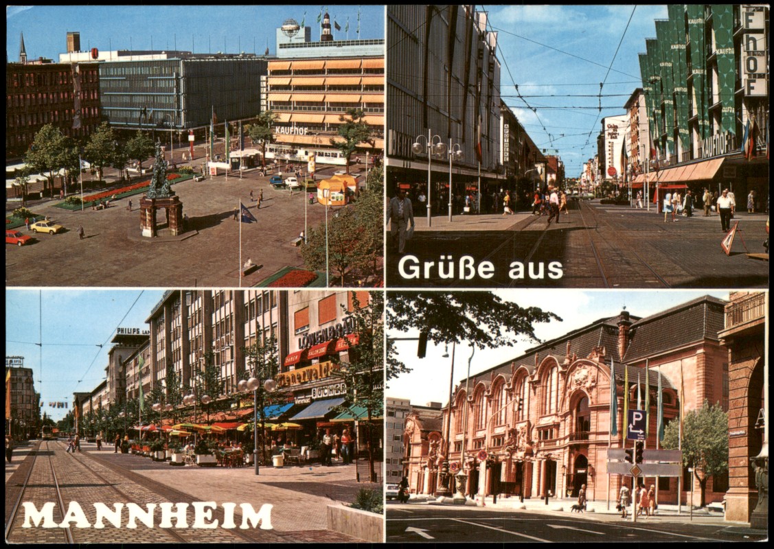 vergrößern: Bildseite historische Ansichtskarte von 1970: Mehrbildkarte mit 4 City-Ansichten:: Mannheim