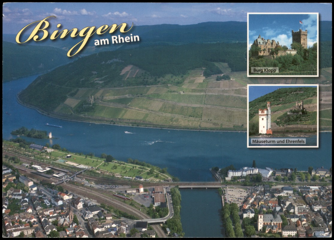 zoom: Image side vintage Postcard from 2000: Luftbild sowie Mäuseturm, Burg Klopp:: Bingen am Rhein
