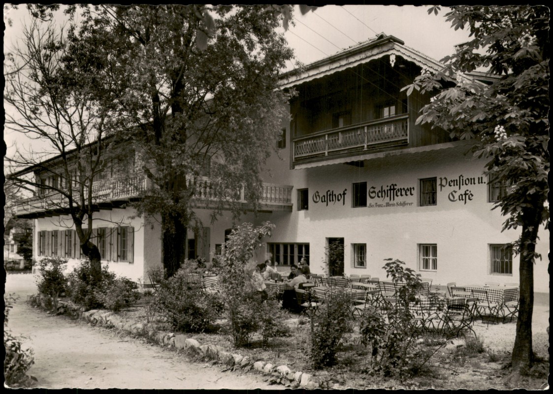 vergrößern: Bildseite historische Ansichtskarte von 1960: Pension Café Gasthof Schifferer Weißbach:: Marzoll