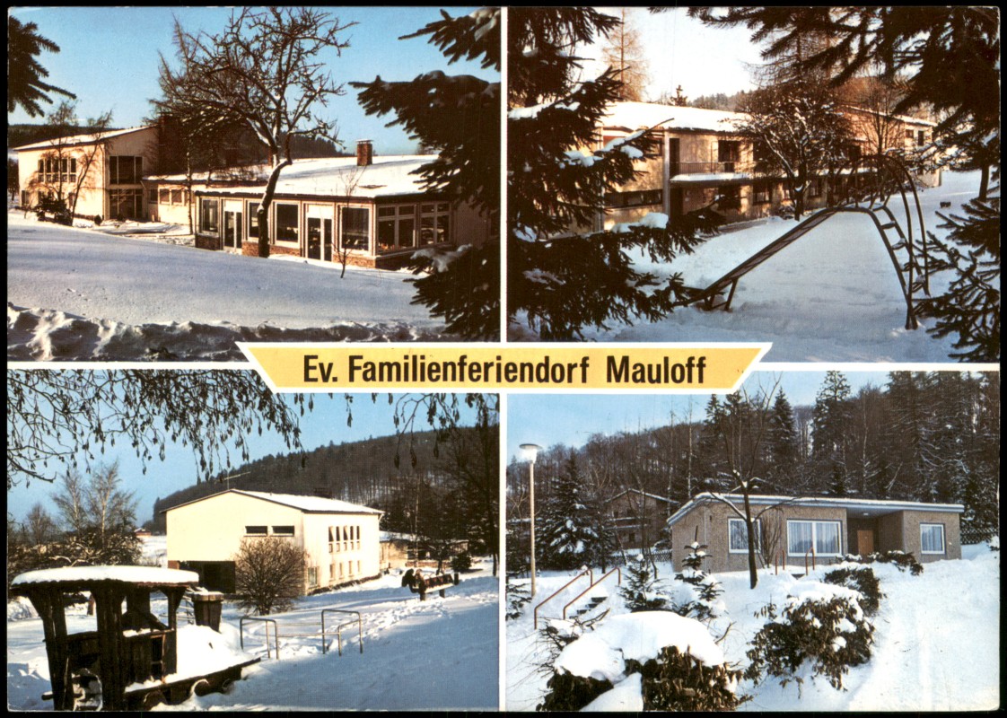 vergrößern: Bildseite historische Ansichtskarte von 1980: Ev. Familienferiendorf Mauloff (Mehrbildkarte):: Gemünden (Taunus)-Weilrod