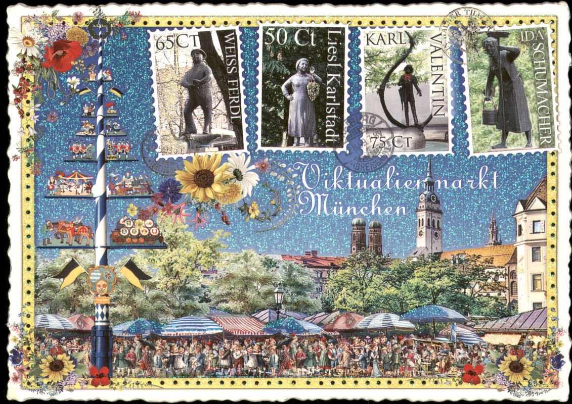vergrößern: Bildseite historische Ansichtskarte von 2015: Viktualienmarkt (illustriert mit Briefmarken):: München