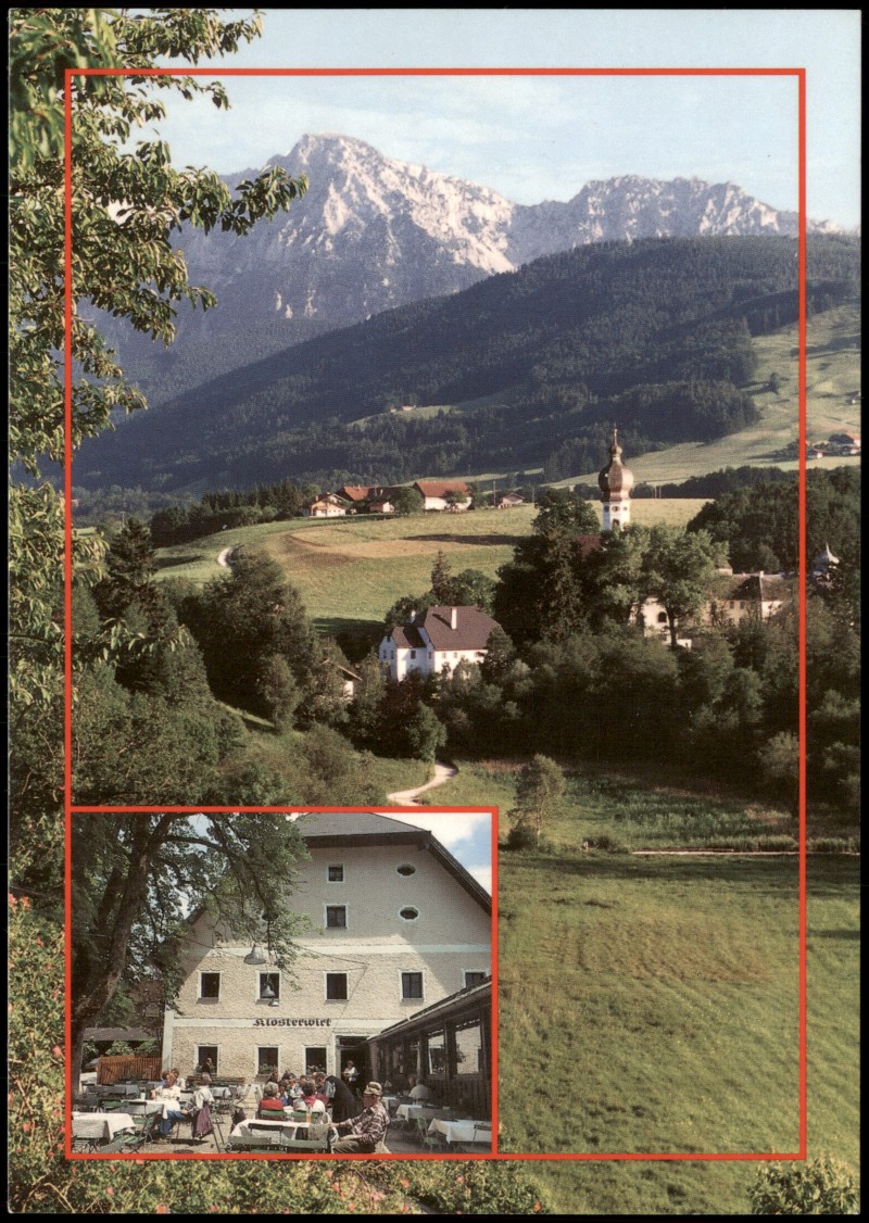 zoom: Image side vintage Postcard from 1995: Panorama-Ansicht von Anger mit Biergarten Klosterwirt Högelwörth:: Aufham (Anger)-Berchtesgaden