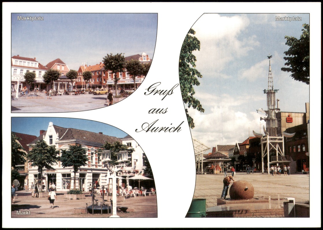 zoom: Image side vintage Postcard from 1990: Mehrbildkarte, Marktplatz:: Aurich-Leer (Ostfriesland)