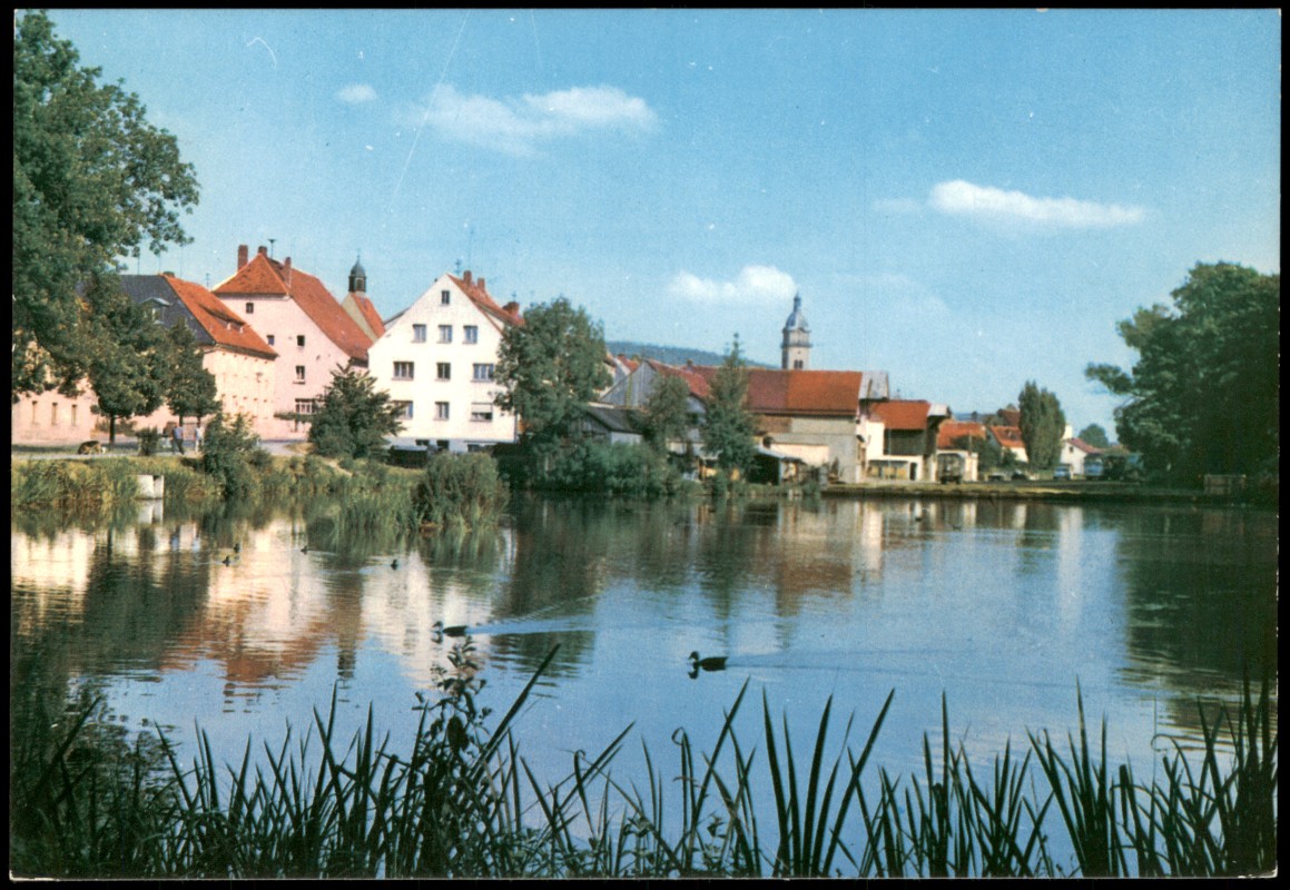 zoom: Image side vintage Postcard from 1975: Ortsansicht mit Weiher:: Auerbach in der Oberpfalz
