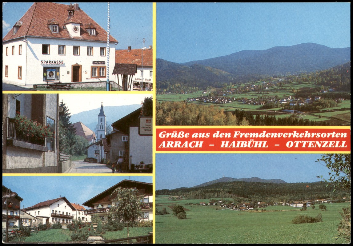 vergrößern: Bildseite historische Ansichtskarte von 1980: Mehrbild-AK mit den Ortsteilen Haibühl-Ottenzell:: Arrach