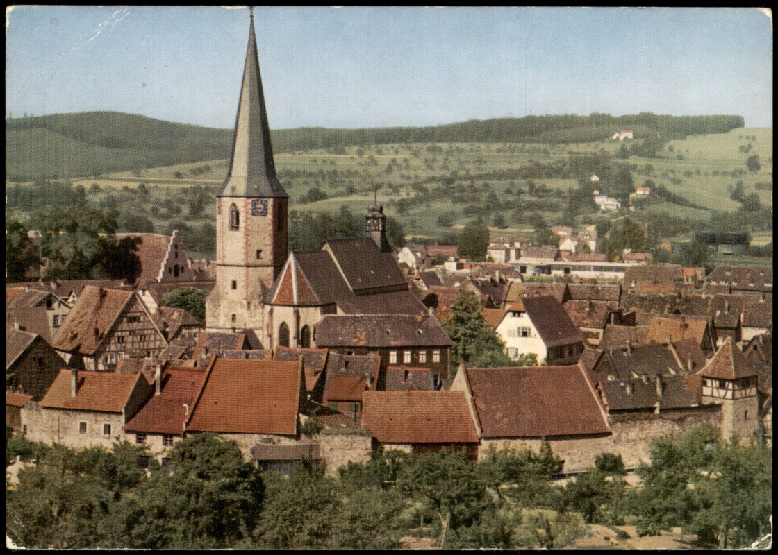 zoom: Image side vintage Postcard from 1966: Alter Stadtkern Blick auf Galgenberg Waldheim:: Michelstadt