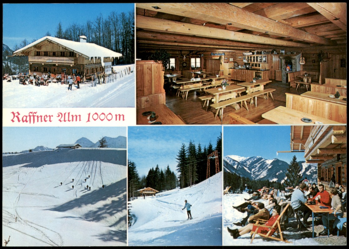 zoom: Image side vintage Postcard from 1990: Raffner Alm 1000 m - Kaffee-TreffpunktSkilifte u. Rodelbahn:: Ruhpolding